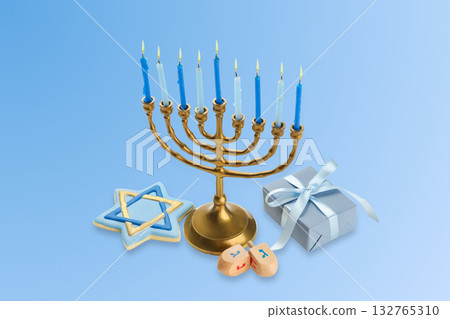 Hanukkah menorah with blue and white candles, gifts, and gelt Hanukkah menorah with blue and white candles, gifts, and gelt 132765310
