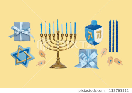 Hanukkah menorah, dreidel, star and wrapped gifts arranged on yellow 132765311