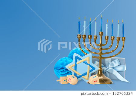 Hanukkah menorah surrounded by blue decorations and a gift box 132765324