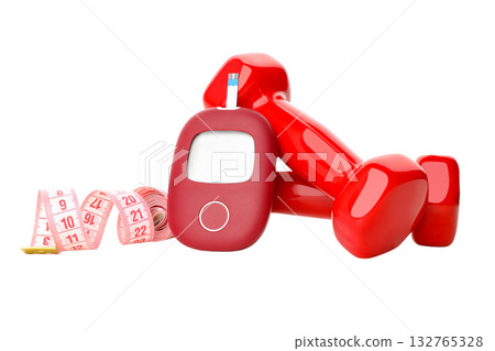 Red dumbbells, glucose monitor, measuring tape, isolated, PNG 132765328