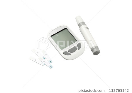 Diabetes testing: blood glucose meter and lancet, isolated, PNG Diabetes testing: blood glucose meter and lancet, isolated, PNG 132765342