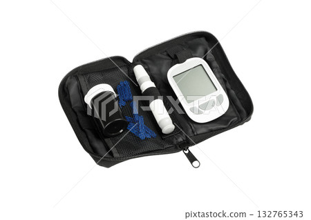 Diabetes kit with glucose monitor and supplies, isolated, PNG Diabetes kit with glucose monitor and supplies, isolated, PNG 132765343
