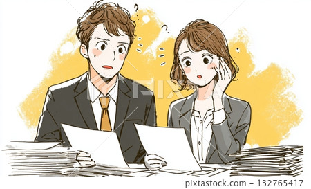 兩位商務人士正在檢視文件,憂心忡忡。 兩位商務人士正在檢視文件,憂心忡忡。 132765417