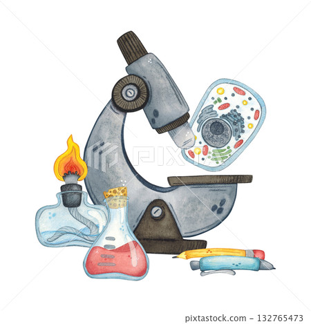 A scientific composition featuring a microscope, spirit lamp, flask, and cell. Hand-drawn watercolor illustration, cartoonish. Science, festival, laboratory, solution, chemistry, biology 132765473