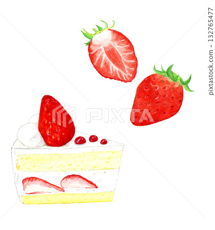 Hand-painted watercolor strawberry shortcake and strawberry illustration 132765477