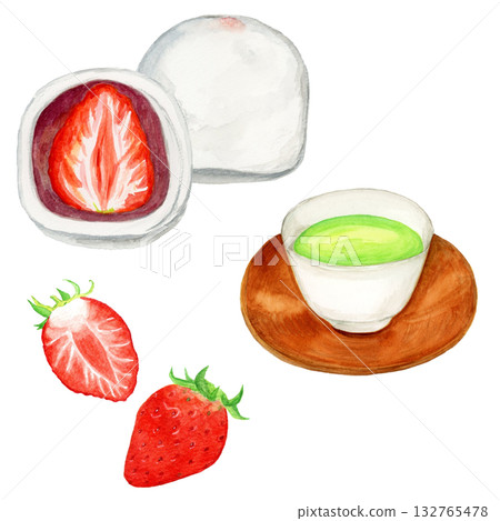 手繪水彩插畫,描繪了草莓大福、綠茶和草莓 手繪水彩插畫,描繪了草莓大福、綠茶和草莓 132765478