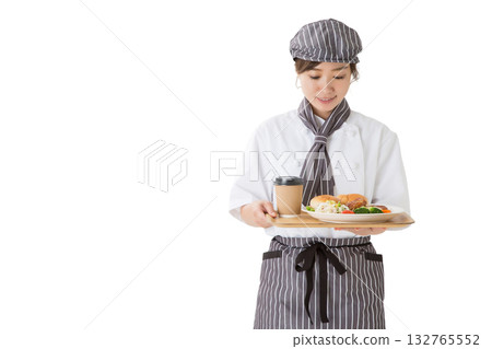 Young Asian woman in a chef's coat holding a hamburger on a tray (cutout) 132765552