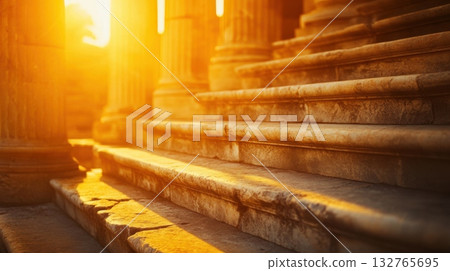 architecture background of Greek temple ruins with marble columns and ancient stone steps. 132765695