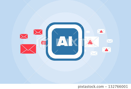 AI email filtering system detecting spam, phishing and unwanted messages. Machine learning spam detection and ai e-mail automation to improve inbox security and communication efficiency illustration AI email filtering system detecting spam, phishing and unwanted messages. Machine learning spam detection and ai e-mail automation to improve inbox security and communication efficiency illustration 132766001