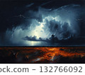 an AI Image Generator, Dramatic Storm Over Fiery Horizon With Lightning, 132766092