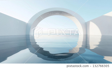 Surreal minimalist architecture with a white arch reflecting in calm water 132766305