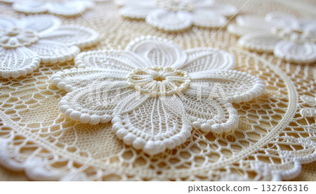 Extreme close-up macro shot of intricate white lace doily with floral pattern Extreme close-up macro shot of intricate white lace doily with floral pattern 132766316