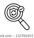 A magnifying glass is used to check security, and a shield has a rotating arrow in the center. 132766452