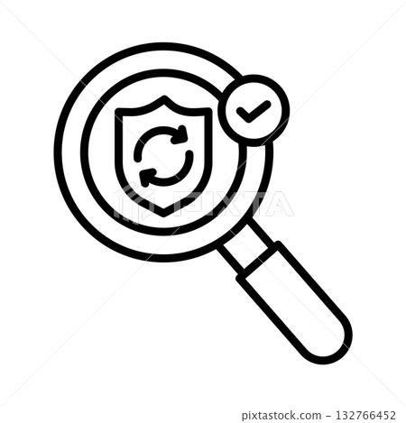 A magnifying glass is used to check security, and a shield has a rotating arrow in the center. A magnifying glass is used to check security, and a shield has a rotating arrow in the center. 132766452