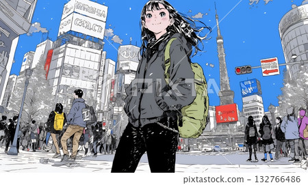 一位年輕女子漫步在白雪皚皚的冬日城市。 132766486