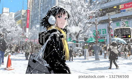 一位年輕女子漫步在白雪皚皚的冬日城市。 132766500