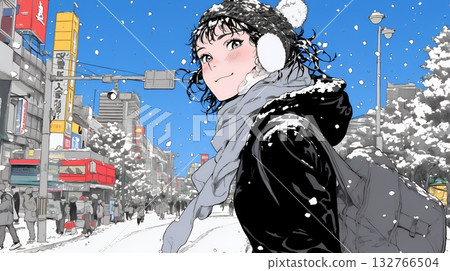 A young woman walking through a snowy winter city A young woman walking through a snowy winter city 132766504