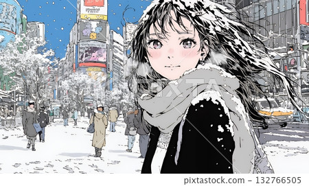 一位年輕女子漫步在白雪皚皚的冬日城市。 132766505
