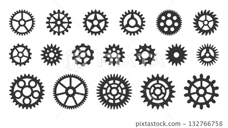 Gears varied sizes icon set. Cogwheel black silhouette. Toothed wheel on white background. Mechanical parts spinning sprockets form. Interlocked metal teeth join. Cogs with different gear hub pattern 132766758
