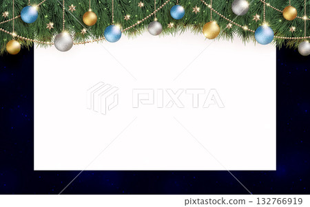 Sparkling Christmas decorations with wide white board and black background 132766919