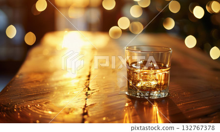 A glass of whiskey sits on a wooden table, close-up revealing the rich color and subtle reflections of this timeless drink. A glass of whiskey sits on a wooden table, close-up revealing the rich color and subtle reflections of this timeless drink. 132767378