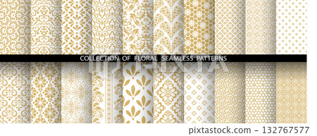 Geometric floral set of seamless patterns. White and golden vector backgrounds. Damask graphic ornaments 132767577