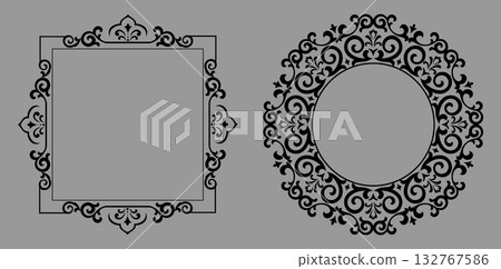 Set of decorative frames Elegant vector element for design in Eastern style, place for text. Floral black and gray borders. Lace illustration for invitations and greeting cards Set of decorative frames Elegant vector element for design in Eastern style, place for text. Floral black and gray borders. Lace illustration for invitations and greeting cards 132767586