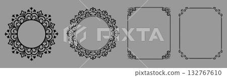 Set of decorative frames Elegant vector element for design in Eastern style, place for text. Floral black and gray borders. Lace illustration for invitations and greeting cards 132767610