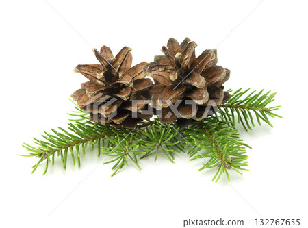 Festive fir branches and cones in a Christmas composition, isolated on a white background with shadow for decoration projects. 132767655