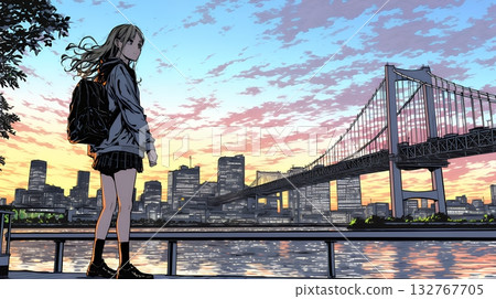 年輕女子在黃昏(或清晨)眺望城市景色 年輕女子在黃昏(或清晨)眺望城市景色 132767705