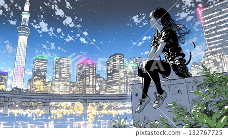 女子眺望城市夜景 132767725
