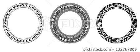 Collection of decorative round frames for design with Greek key, meander. Circle frame. Egyptian, Assyrian, Greek motif circular frame. Template for textiles, engraving, forging, embroidery, porcelain 132767809
