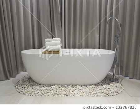Closeup white bathtub in luxury bathroom 132767823
