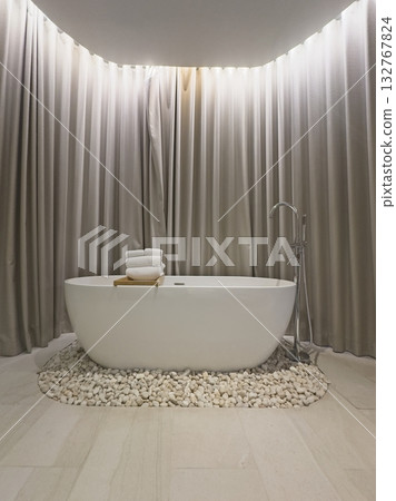 white bathtub with curtain in luxury bathroom 132767824