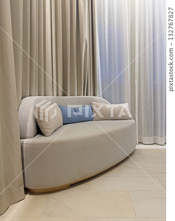 Closeup fabric sofa with pillow in bedroom 132767827