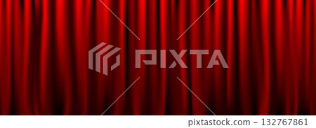 Red velvet curtain background. Closed curtains wallpaper for theater stage or cinema, circus. Crimson fabric drapery backdrop for award, show, performance. Vector textile room scene banner concept 132767861