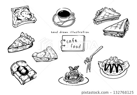 可愛的單色手繪咖啡館食物插圖 132768125