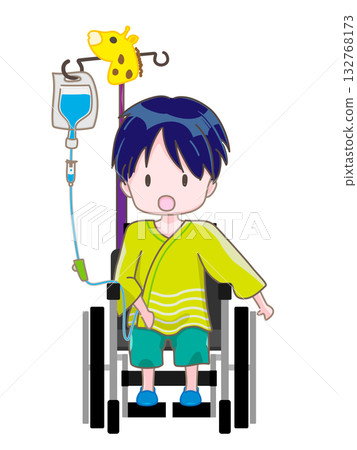 A child sitting in a wheelchair with an IV drip and holding his hand towards the tire A child sitting in a wheelchair with an IV drip and holding his hand towards the tire 132768173