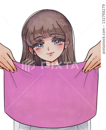 Illustration of a woman undergoing a personal color diagnosis testing pink 132768279