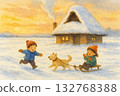Children playing in the snowy countryside of the Showa era 132768388