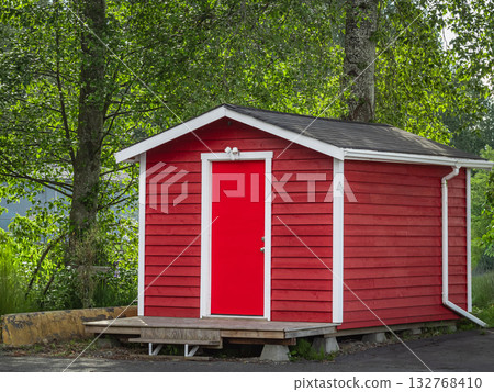 New modern Shed model in a backyard. Goods depot, Storage Shed for household, warehouse. 132768410