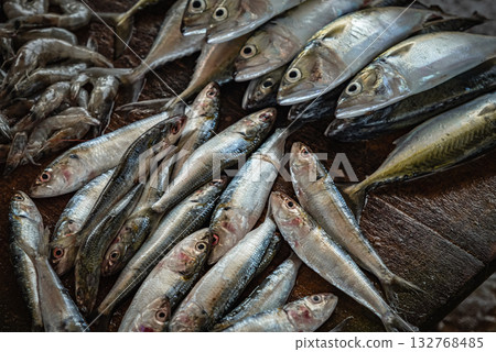 Fish variety on market. Fresh catch of fish, top view. Tropical Seafood in the Market Fish variety on market. Fresh catch of fish, top view. Tropical Seafood in the Market 132768485