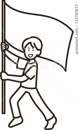 男性醫生揮舞旗幟的插圖(僅線條畫) 男性醫生揮舞旗幟的插圖(僅線條畫) 132768615