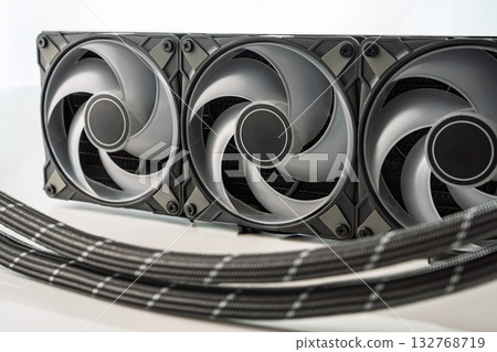 Triple Fan Radiator Cooling System for High-Performance Computer Builds, Isolated on White 132768719