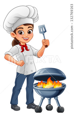 Cartoon Woman Female Chef BBQ Grill Spatula Cartoon Woman Female Chef BBQ Grill Spatula 132769163