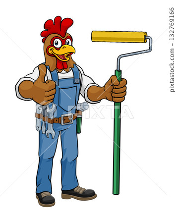 Chicken Painter Decorator Paint Roller Mascot Chicken Painter Decorator Paint Roller Mascot 132769166