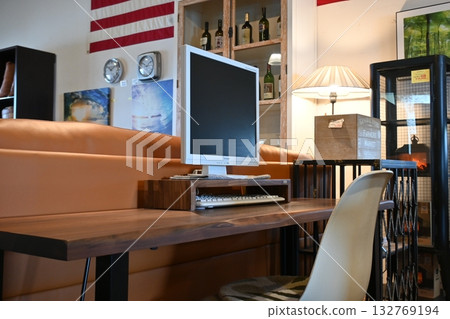 Computer display on a wooden stand Computer display on a wooden stand 132769194