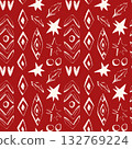 Red scandinavian christmas pattern with stars holly leaves hearts and geometric ornaments minimal nordic seamless vector 132769224