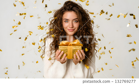 Young woman with curly hair holding a golden gift box surrounded by festive confetti Young woman with curly hair holding a golden gift box surrounded by festive confetti 132769277