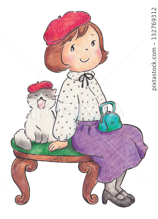 一隻貓和一個戴著同款貝雷帽的女孩的插圖 一隻貓和一個戴著同款貝雷帽的女孩的插圖 132769312